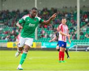 22 July 2023; Tunde Owolabi of Cork City celebrates after scoring his side's second goal during the Sports Direct Men’s FAI Cup First Round match between Treaty United and Cork City at Markets Field in Limerick. Photo by Michael P Ryan/Sportsfile