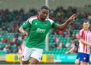 22 July 2023; Tunde Owolabi of Cork City celebrates after scoring his side's second goal during the Sports Direct Men’s FAI Cup First Round match between Treaty United and Cork City at Markets Field in Limerick. Photo by Michael P Ryan/Sportsfile