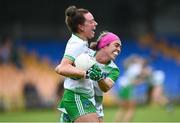 22 July 2023; Cathy Mee, left, and Karen O'Leary of Limerick celebrate after the TG4 LGFA All-Ireland Junior Championship semi-final match between Limerick and Fermanagh at Glennon Brothers Pearse Park in Longford. Photo by David Fitzgerald/Sportsfile