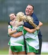 22 July 2023; Limerick manager Graham Shine celebrates with players after the TG4 LGFA All-Ireland Junior Championship semi-final match between Limerick and Fermanagh at Glennon Brothers Pearse Park in Longford. Photo by David Fitzgerald/Sportsfile
