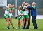 22 July 2023; Limerick manager Graham Shine, centre, and selector Kevin Boyle celebrate with Roisin Ambrose after the TG4 LGFA All-Ireland Junior Championship semi-final match between Limerick and Fermanagh at Glennon Brothers Pearse Park in Longford. Photo by David Fitzgerald/Sportsfile