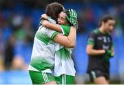 22 July 2023; Grace Lee, left, and Deborah Murphy celebrate after the TG4 LGFA All-Ireland Junior Championship semi-final match between Limerick and Fermanagh at Glennon Brothers Pearse Park in Longford. Photo by David Fitzgerald/Sportsfile