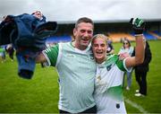 22 July 2023; Roisin Ambrose of Limerick celebrates with her father Seamus after the TG4 LGFA All-Ireland Junior Championship semi-final match between Limerick and Fermanagh at Glennon Brothers Pearse Park in Longford. Photo by David Fitzgerald/Sportsfile