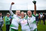 22 July 2023; Limerick players, from left, Chloe Brosnahan, Meadhbh MacNamara and Roisin Ambrose celebrate after the TG4 LGFA All-Ireland Junior Championship semi-final match between Limerick and Fermanagh at Glennon Brothers Pearse Park in Longford. Photo by David Fitzgerald/Sportsfile