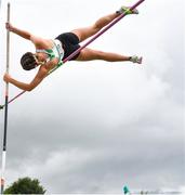 22 July 2023; Poppi Deveraux of Youghal A.C., Cork, competes in the girl's under 18 Pole Vault during day two of the 123.ie National Juvenile Track and Field Championships at Tullamore Harriers Stadium in Offaly. Photo by Stephen Marken/Sportsfile