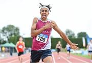 22 July 2023; Sean Doggett of Athenry A.C., Galway, celebrates after winning the boy's under 18 400m during day two of the 123.ie National Juvenile Track and Field Championships at Tullamore Harriers Stadium in Offaly. Photo by Stephen Marken/Sportsfile