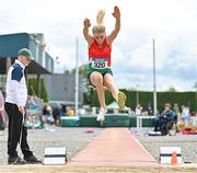 22 July 2023; Gracie Meabh Ní Mearain of Westport A.C., Mayo, competes in the girl's under 14 long jump during day two of the 123.ie National Juvenile Track and Field Championships at Tullamore Harriers Stadium in Offaly. Photo by Stephen Marken/Sportsfile