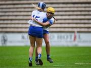 22 July 2023; Waterford players Niamh Rockett, right, and Annie Fitzgerald celebrate after their side's victory in the All-Ireland Camogie Championship semi-final match between Tipperary and Waterford at UPMC Nowlan Park in Kilkenny. Photo by Piaras Ó Mídheach/Sportsfile