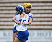 22 July 2023; Waterford players Niamh Rockett, right, and Annie Fitzgerald celebrate after their side's victory in the All-Ireland Camogie Championship semi-final match between Tipperary and Waterford at UPMC Nowlan Park in Kilkenny. Photo by Piaras Ó Mídheach/Sportsfile