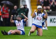22 July 2023; Waterford players Róisín Kirwan, right, and Abby Flynn celebrate after their side's victory in the All-Ireland Camogie Championship semi-final match between Tipperary and Waterford at UPMC Nowlan Park in Kilkenny. Photo by Piaras Ó Mídheach/Sportsfile