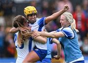 22 July 2023; Niamh Rockett of Waterford is held aloft by her team-mate Shauna Fitzgerald as they celebrate after their side's victory in the All-Ireland Camogie Championship semi-final match between Tipperary and Waterford at UPMC Nowlan Park in Kilkenny. Photo by Piaras Ó Mídheach/Sportsfile