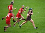 22 July 2023; Áine Keane of Galway in action against Cork players from left, Katrina Mackey, 14, Saoirse McCarthy and Aoife Healy during the All-Ireland Camogie Championship semi-final match between Cork and Galway at UPMC Nowlan Park in Kilkenny. Photo by Piaras Ó Mídheach/Sportsfile
