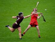 22 July 2023; Katrina Mackey of Cork in action against Dervla Higgins of Galway during the All-Ireland Camogie Championship semi-final match between Cork and Galway at UPMC Nowlan Park in Kilkenny. Photo by Piaras Ó Mídheach/Sportsfile