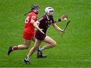 22 July 2023; Shauna Healy of Galway in action against Amy O'Connor of Cork during the All-Ireland Camogie Championship semi-final match between Cork and Galway at UPMC Nowlan Park in Kilkenny. Photo by Piaras Ó Mídheach/Sportsfile