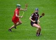 22 July 2023; Niamh Hanniffy of Galway in action against Hannah Looney of Cork during the All-Ireland Camogie Championship semi-final match between Cork and Galway at UPMC Nowlan Park in Kilkenny. Photo by Piaras Ó Mídheach/Sportsfile