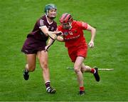 22 July 2023; Katrina Mackey of Cork in action against Emma Helebert of Galway during the All-Ireland Camogie Championship semi-final match between Cork and Galway at UPMC Nowlan Park in Kilkenny. Photo by Piaras Ó Mídheach/Sportsfile