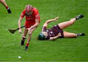 22 July 2023; Katrina Mackey of Cork gets past the tackle of Róisín Black of Galway during the All-Ireland Camogie Championship semi-final match between Cork and Galway at UPMC Nowlan Park in Kilkenny. Photo by Piaras Ó Mídheach/Sportsfile