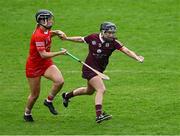 22 July 2023; Aoife Donohoe of Galway in action against Laura Tracey of Cork during the All-Ireland Camogie Championship semi-final match between Cork and Galway at UPMC Nowlan Park in Kilkenny. Photo by Piaras Ó Mídheach/Sportsfile