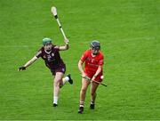 22 July 2023; Laura Tracey of Cork in action against Sabina Rabbitte of Galway during the All-Ireland Camogie Championship semi-final match between Cork and Galway at UPMC Nowlan Park in Kilkenny. Photo by Piaras Ó Mídheach/Sportsfile