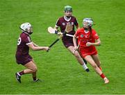 22 July 2023; Meabh Cahalane of Cork in action against Ailish O'Reilly, left, and Sabina Rabbitte of Galway during the All-Ireland Camogie Championship semi-final match between Cork and Galway at UPMC Nowlan Park in Kilkenny. Photo by Piaras Ó Mídheach/Sportsfile