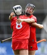 22 July 2023; Cork players Amy O'Connor and Saoirse McCarthy, 8, celebrate after their side's victory in the All-Ireland Camogie Championship semi-final match between Cork and Galway at UPMC Nowlan Park in Kilkenny. Photo by Piaras Ó Mídheach/Sportsfile