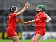 22 July 2023; Cork players Amy O'Connor, left, and Cliona Healy celebrate after their side's victory in the All-Ireland Camogie Championship semi-final match between Cork and Galway at UPMC Nowlan Park in Kilkenny. Photo by Piaras Ó Mídheach/Sportsfile