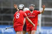 22 July 2023; Cork players Amy O'Connor and Saoirse McCarthy, 8, celebrate after their side's victory in the All-Ireland Camogie Championship semi-final match between Cork and Galway at UPMC Nowlan Park in Kilkenny. Photo by Piaras Ó Mídheach/Sportsfile