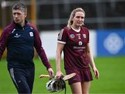 22 July 2023; Shauna Healy of Galway and her manager Cathal Murray after their side's defeat in the All-Ireland Camogie Championship semi-final match between Cork and Galway at UPMC Nowlan Park in Kilkenny. Photo by Piaras Ó Mídheach/Sportsfile
