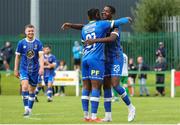 22 July 2023; Romeo Akachukwu of Waterford, right, celebrates after scoring his side's fifth goal with teammate Christie Pattisson during the Sports Direct Men’s FAI Cup First Round match between St. Michael’s and Waterford at Cooke Park in Tipperary. Photo by Michael P Ryan/Sportsfile