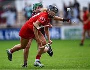 22 July 2023; Laura Hayes of Cork in action against Sarah Spellman of Galway during the All-Ireland Camogie Championship semi-final match between Cork and Galway at UPMC Nowlan Park in Kilkenny. Photo by Piaras Ó Mídheach/Sportsfile
