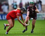 22 July 2023; Laura Hayes of Cork in action against Sarah Spellman of Galway during the All-Ireland Camogie Championship semi-final match between Cork and Galway at UPMC Nowlan Park in Kilkenny. Photo by Piaras Ó Mídheach/Sportsfile