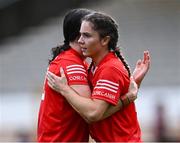 22 July 2023; Cork players Saoirse McCarthy, right, and Hannah Looney celebrate after their side's victory in the All-Ireland Camogie Championship semi-final match between Cork and Galway at UPMC Nowlan Park in Kilkenny. Photo by Piaras Ó Mídheach/Sportsfile