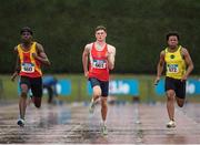 22 July 2023; From left, Sean Aigboboh of Tallaght A.C., Dublin, Dannan Long of Enniscorthy A.C., Wexford, and Sean Stratton of Boyne A.C., Louth, compete in the boy's under 19 100m during day two of the 123.ie National Juvenile Track and Field Championships at Tullamore Harriers Stadium in Offaly. Photo by Stephen Marken/Sportsfile