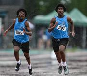 22 July 2023; Twin brothers, Kenneth Kalu, left and Kelvin Kalu of Abbey Forthill A.C., Sligo, compete in the boy's under 15 100m during day two of the 123.ie National Juvenile Track and Field Championships at Tullamore Harriers Stadium in Offaly. Photo by Stephen Marken/Sportsfile