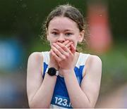 22 July 2023; Alisha Maher of Tullamore Harriers A.C., Offaly, after realising she has won the girl's under 17 100m during day two of the 123.ie National Juvenile Track and Field Championships at Tullamore Harriers Stadium in Offaly. Photo by Stephen Marken/Sportsfile