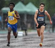 22 July 2023; Fikayo Oluajo of Blackrock A.C., Louth and, Ryan Vickers of Farranfore Maine Valley A.C., Kerry, compete in the boy's under 14 100m during day two of the 123.ie National Juvenile Track and Field Championships at Tullamore Harriers Stadium in Offaly. Photo by Stephen Marken/Sportsfile