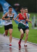 22 July 2023; From left, Timmy Hawkins of Carraig-Na-Bhfear A.C., Cork, Ruairi Hollywood of Westport A.C., Mayo, and Torin McGuire of South Galway A.C., Galway, compete in the boy's under 19 3000m during day two of the 123.ie National Juvenile Track and Field Championships at Tullamore Harriers Stadium in Offaly. Photo by Stephen Marken/Sportsfile