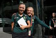 23 July 2023; Republic of Ireland's Katie McCabe and Grace Moloney, right, at their team hotel in Brisbane, Australia, ahead of the team's chartered flight to Perth for their FIFA Women's World Cup 2023 group match against Canada, on Wednesday. Photo by Stephen McCarthy/Sportsfile