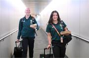 23 July 2023; Republic of Ireland's Marissa Sheva, right, and Courtney Brosnan at Brisbane Airport, Australia, ahead of the team's chartered flight to Perth for their FIFA Women's World Cup 2023 group match against Canada, on Wednesday. Photo by Stephen McCarthy/Sportsfile