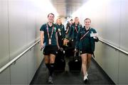 23 July 2023; Republic of Ireland's Niamh Fahey, left, and Harriet Scott at Brisbane Airport, Australia, ahead of the team's chartered flight to Perth for their FIFA Women's World Cup 2023 group match against Canada, on Wednesday. Photo by Stephen McCarthy/Sportsfile