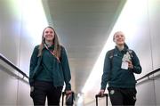 23 July 2023; Republic of Ireland's Megan Walsh, left, and Áine O'Gorman at Brisbane Airport, Australia, ahead of the team's chartered flight to Perth for their FIFA Women's World Cup 2023 group match against Canada, on Wednesday. Photo by Stephen McCarthy/Sportsfile