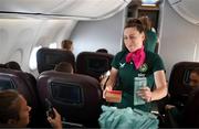 23 July 2023; Republic of Ireland's flight attendant Lucy Quinn during their flight from their base in Brisbane to Perth for their FIFA Women's World Cup 2023 group match against Canada, on Wednesday. Photo by Stephen McCarthy/Sportsfile