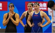 23 July 2023; Ireland relay 3, from left, Mona McSharry, Danielle Hill and Erin Riordan, watch teammate Victoria Catterson in the Women’s 400m Relay during day nine of the 2023 World Aquatics Championships at Marine Messe Fukuoka Hall A in Fukuoka, Japan. Photo by Ian MacNicol/Sportsfile