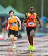 23 July 2023; Abdullahi Adeleke of Tallaght A.C. competes in the boy's under 15 200m during day three of the 123.ie National Juvenile Track and Field Championships at Tullamore Harriers Stadium in Offaly. Photo by Stephen Marken/Sportsfile