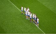 15 July 2023; The Monaghan team stand together for the national anthem ahead of the GAA Football All-Ireland Senior Championship semi-final match between Dublin and Monaghan at Croke Park in Dublin. Photo by Daire Brennan/Sportsfile