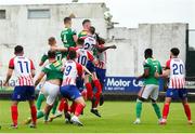 22 July 2023; Joshua Honohan of Cork City, top right, scores his sides first goal during the Sports Direct Men’s FAI Cup First Round match between Treaty United and Cork City at Markets Field in Limerick. Photo by Michael P Ryan/Sportsfile