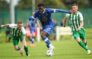 22 July 2023; Roland Idowu of Waterford in action against St. Michael's players, Jimmy Carr, left, and Colin Bargary during the Sports Direct Men’s FAI Cup First Round match between St. Michael’s and Waterford at Cooke Park in Tipperary. Photo by Michael P Ryan/Sportsfile