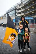 23 July 2023; Kilkenny supporters, Ollie Bergin, age 6, Dan O'Brien, age 13, and Bill Bergin, age 4, from Kilkenny city, before the GAA Hurling All-Ireland Senior Championship final match between Kilkenny and Limerick at Croke Park in Dublin. Photo by Ramsey Cardy/Sportsfile
