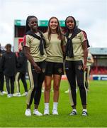 23 July 2023; Galway United players, from left, Rola Olusola, Jodie Griffin, Eve Dossen before the 2023 AVENIR Sports All-Island Cup final match between Cliftonville and Galway United at The Showgrounds in Sligo. Photo by Michael P Ryan/Sportsfile