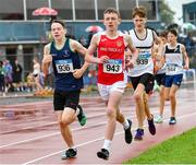 23 July 2023; Sam Deegan of Templeogue A.C., Dublin, 936, and Steven O'Neill of Ennis Track A.C., Clare compete in the boy's under 14 1500m during day three of the 123.ie National Juvenile Track and Field Championships at Tullamore Harriers Stadium in Offaly. Photo by Stephen Marken/Sportsfile